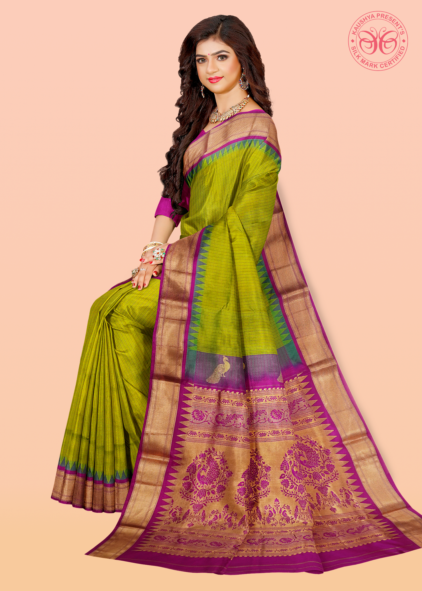 Greenish Yellow Dual Tone Checks Pure Silk Gadwal Paithani Saree