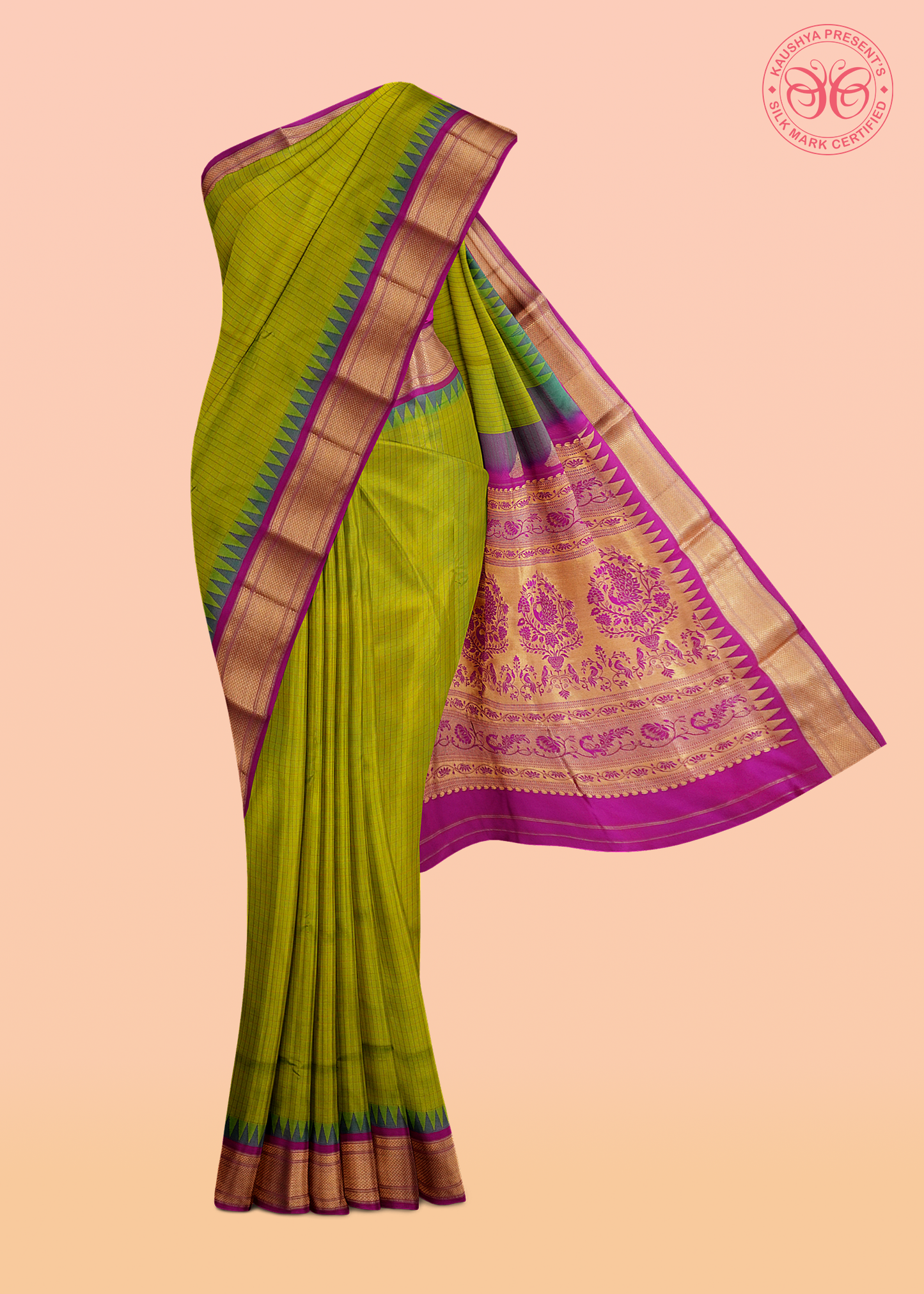 Greenish Yellow Dual Tone Checks Pure Silk Gadwal Paithani Saree