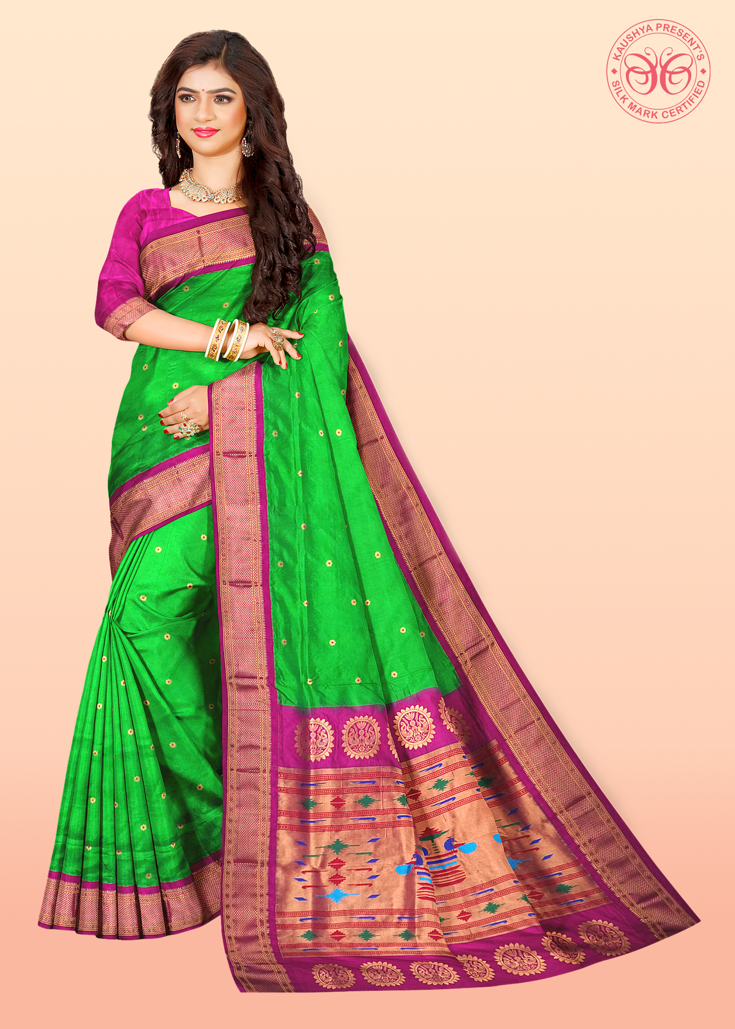 Parrot Green Pure Silk Gadwal Paithani Saree with Rani Pink Border