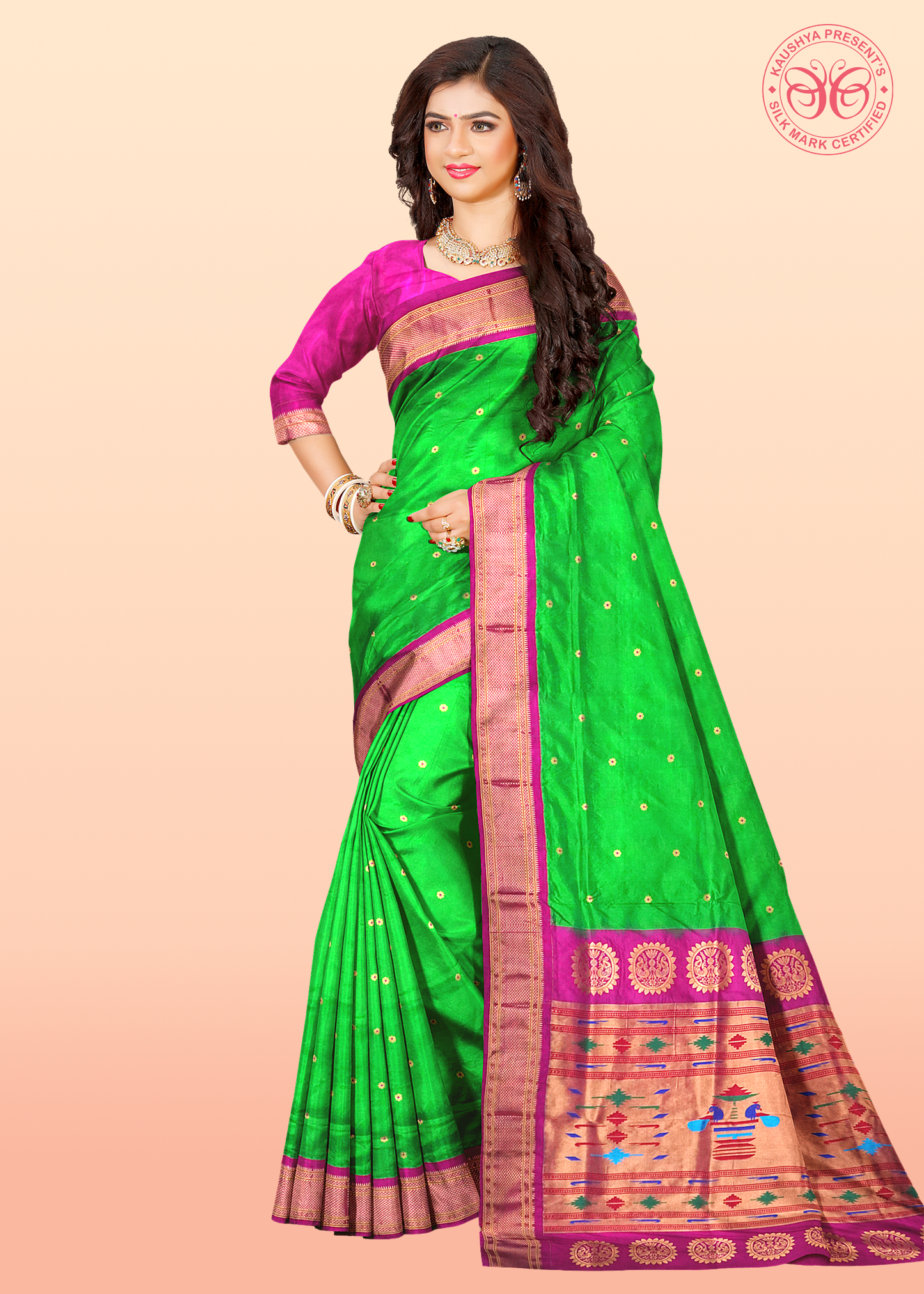 Parrot Green Pure Silk Gadwal Paithani Saree with Rani Pink Border
