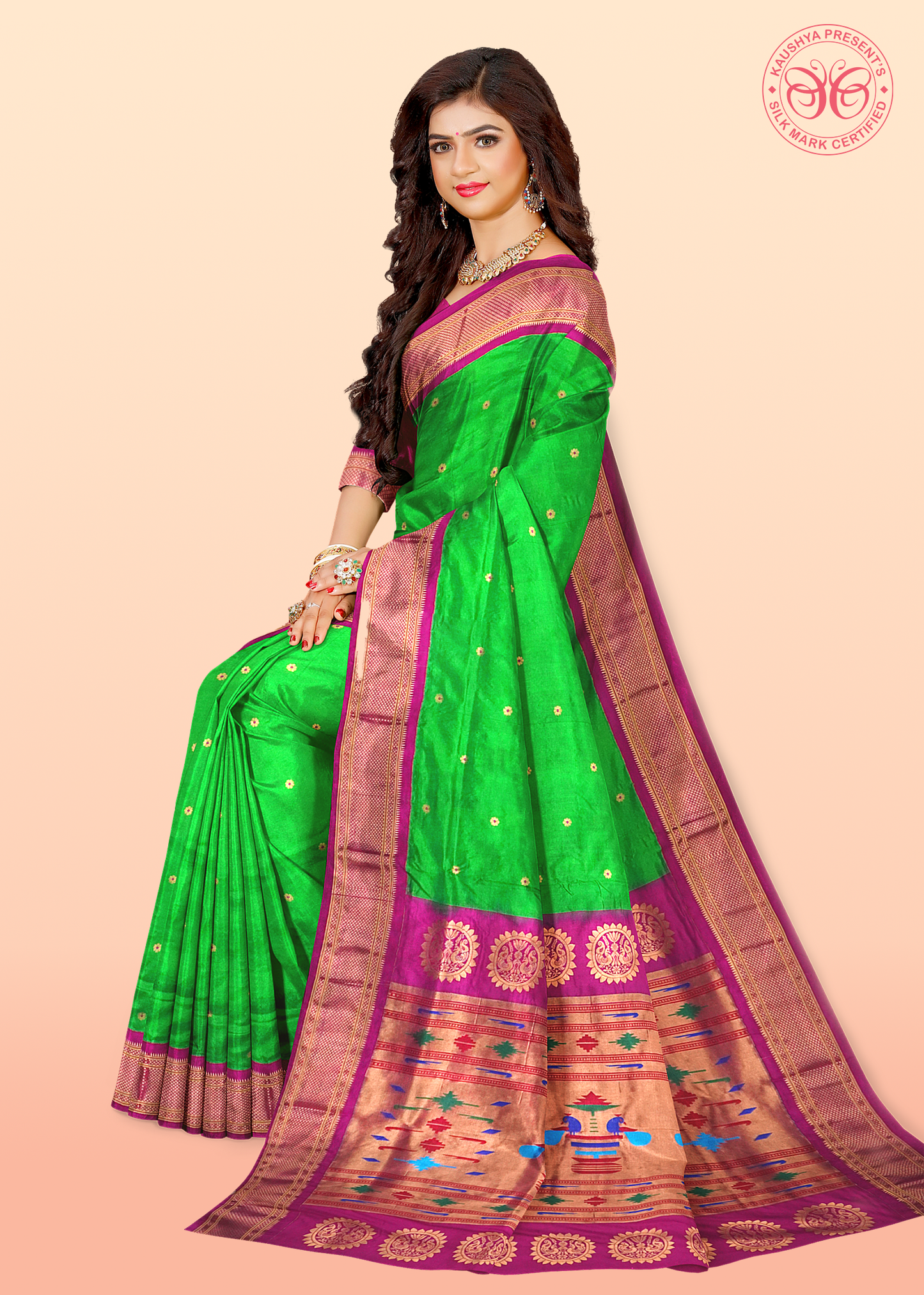 Parrot Green Pure Silk Gadwal Paithani Saree with Rani Pink Border
