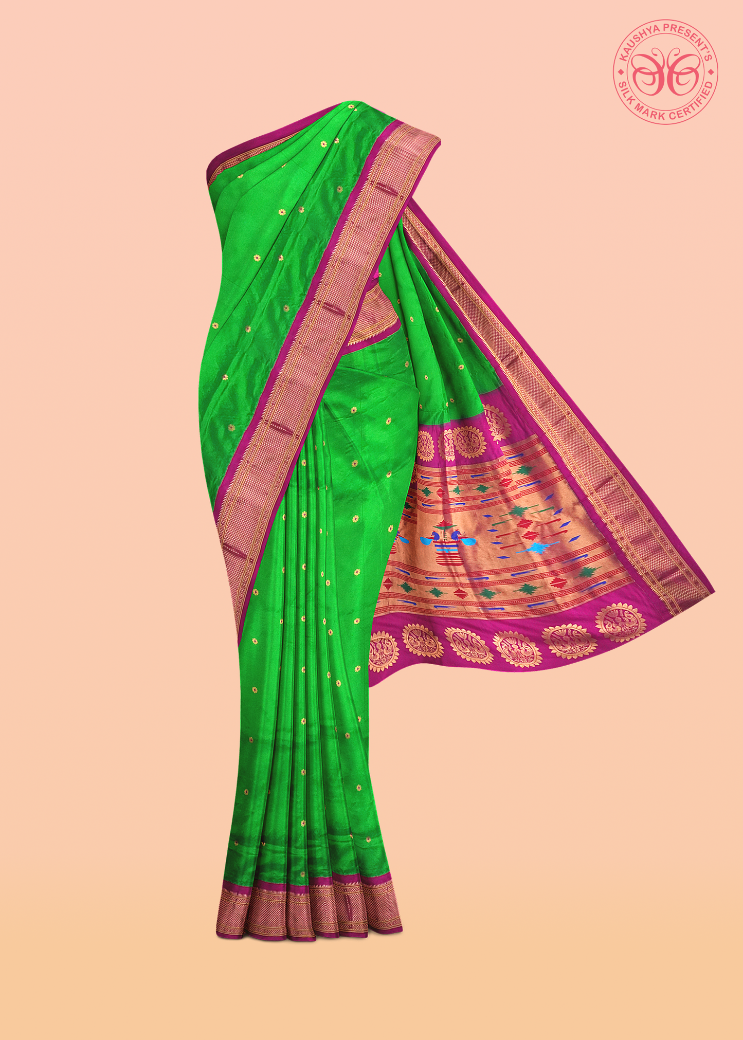 Parrot Green Pure Silk Gadwal Paithani Saree with Rani Pink Border