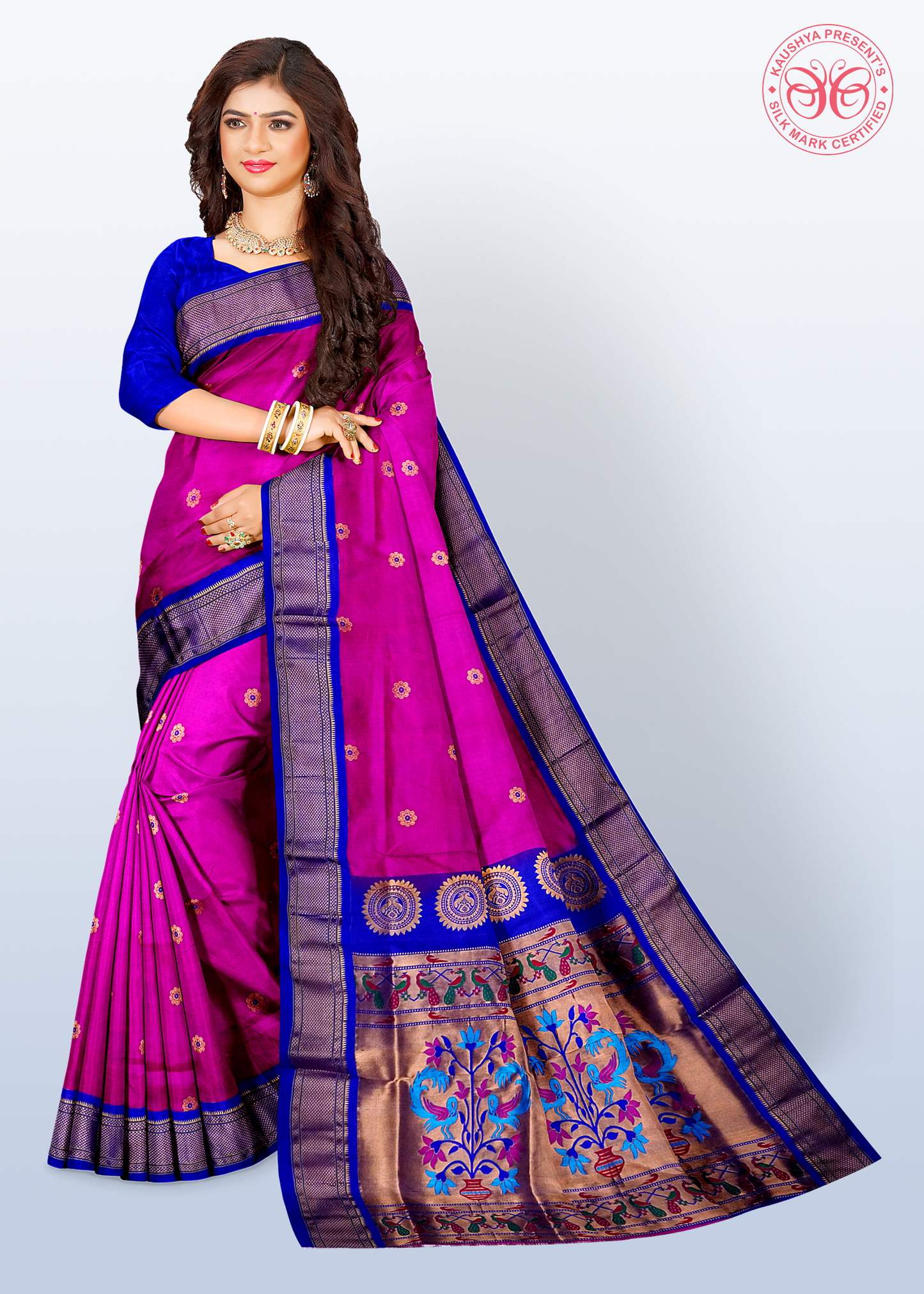 Magenta Pure Silk Gadwal Paithani Saree with Purple Border
