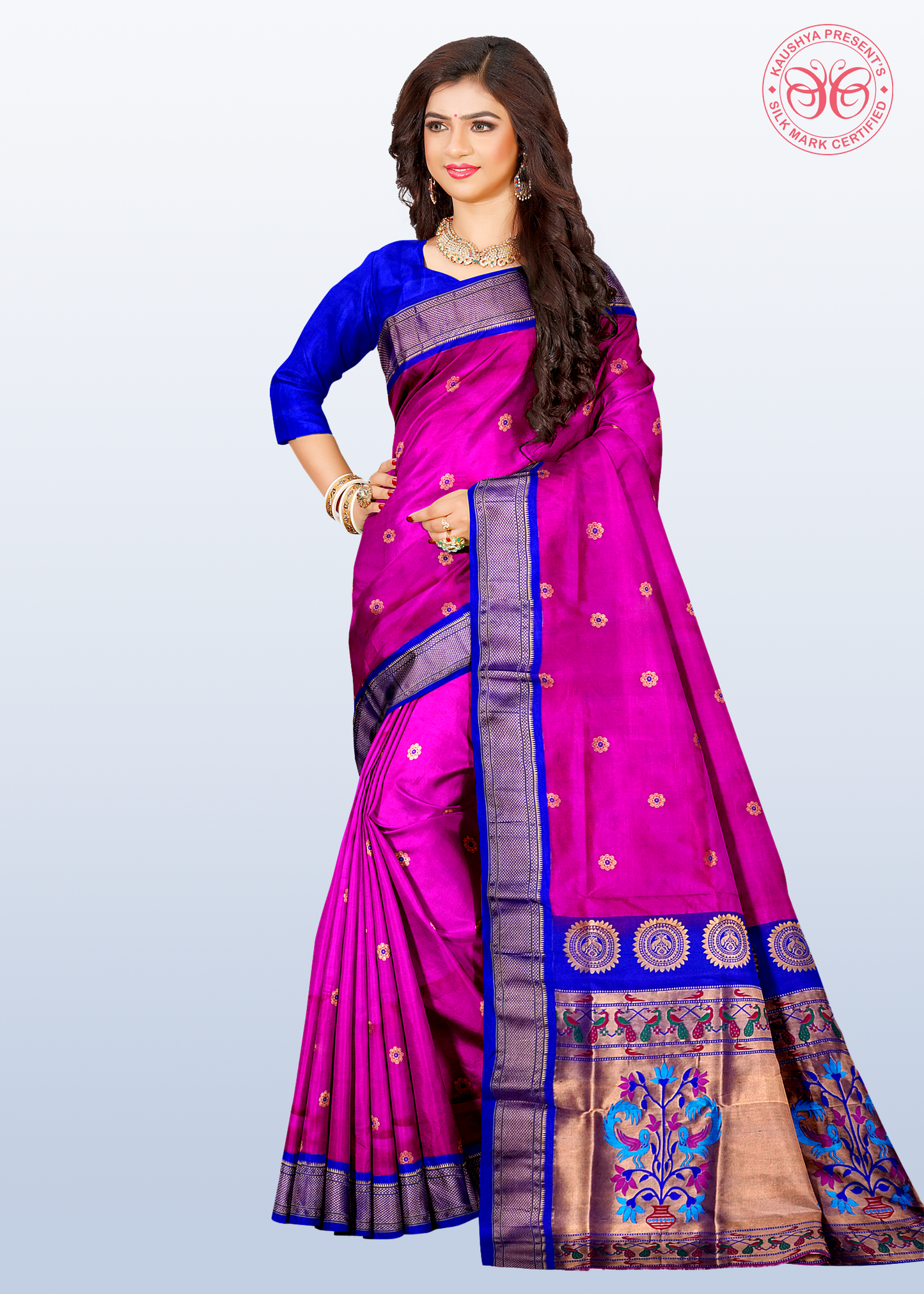 Magenta Pure Silk Gadwal Paithani Saree with Purple Border