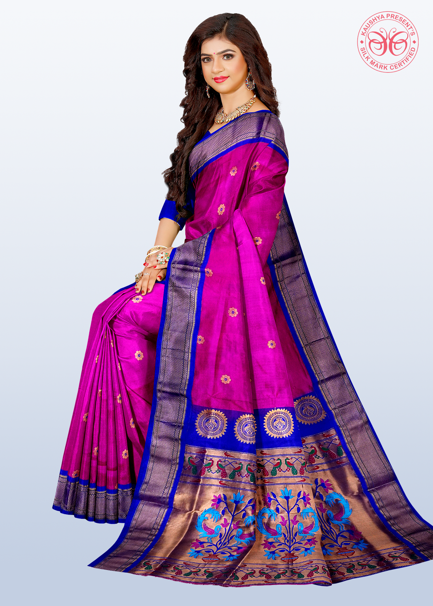 Magenta Pure Silk Gadwal Paithani Saree with Purple Border
