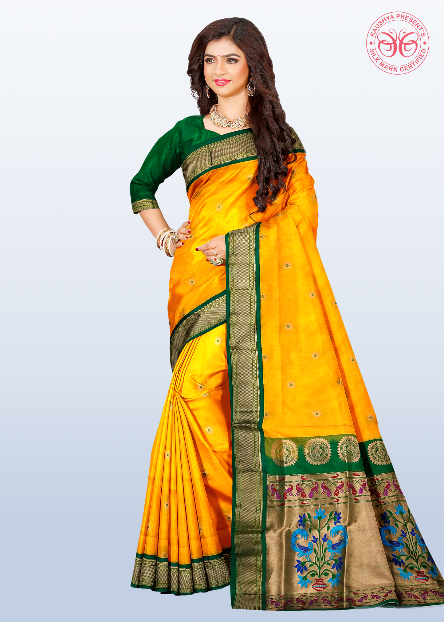Yellow Pure Silk Gadwal Paithani Saree with Green Border