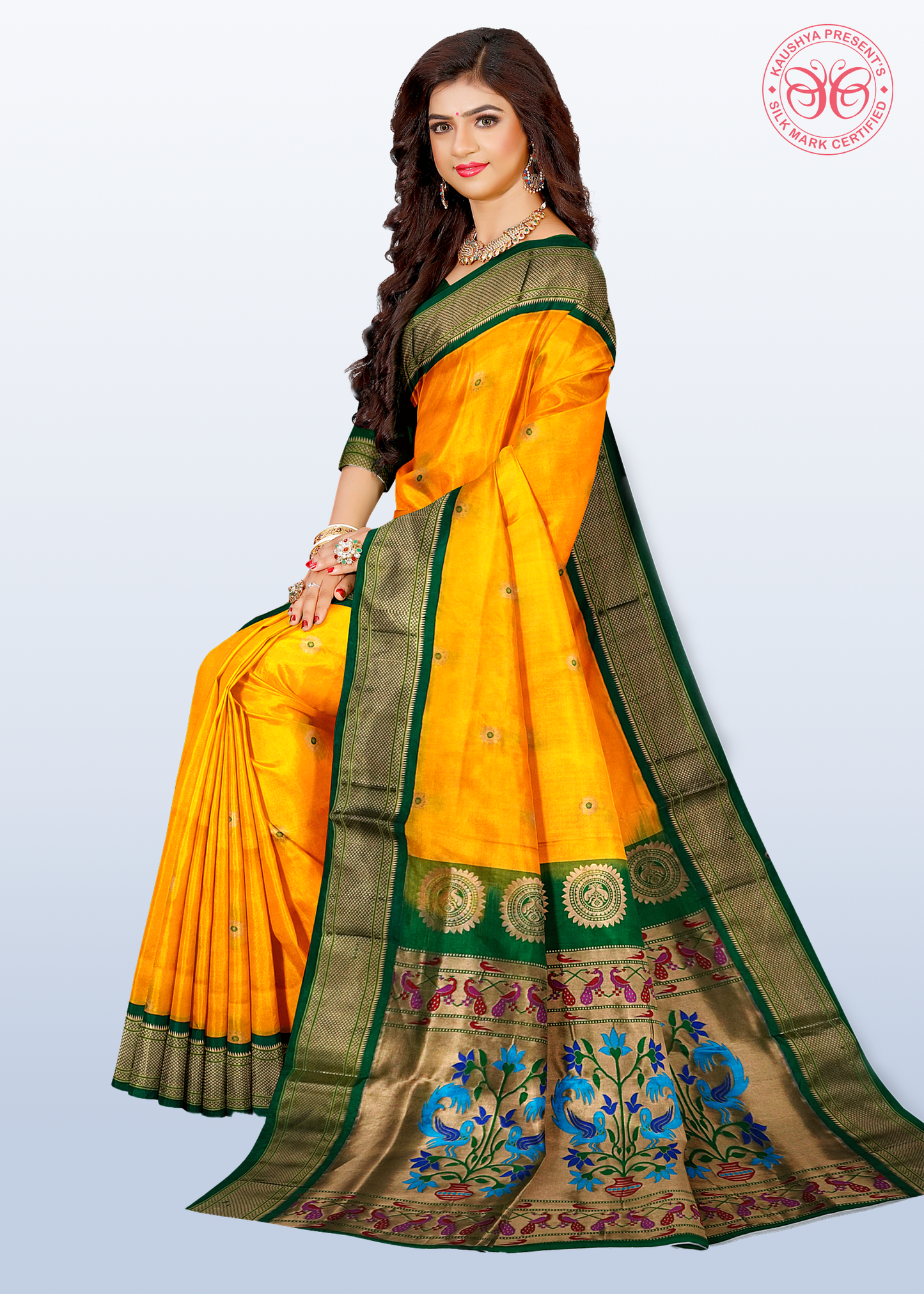 Yellow Pure Silk Gadwal Paithani Saree with Green Border