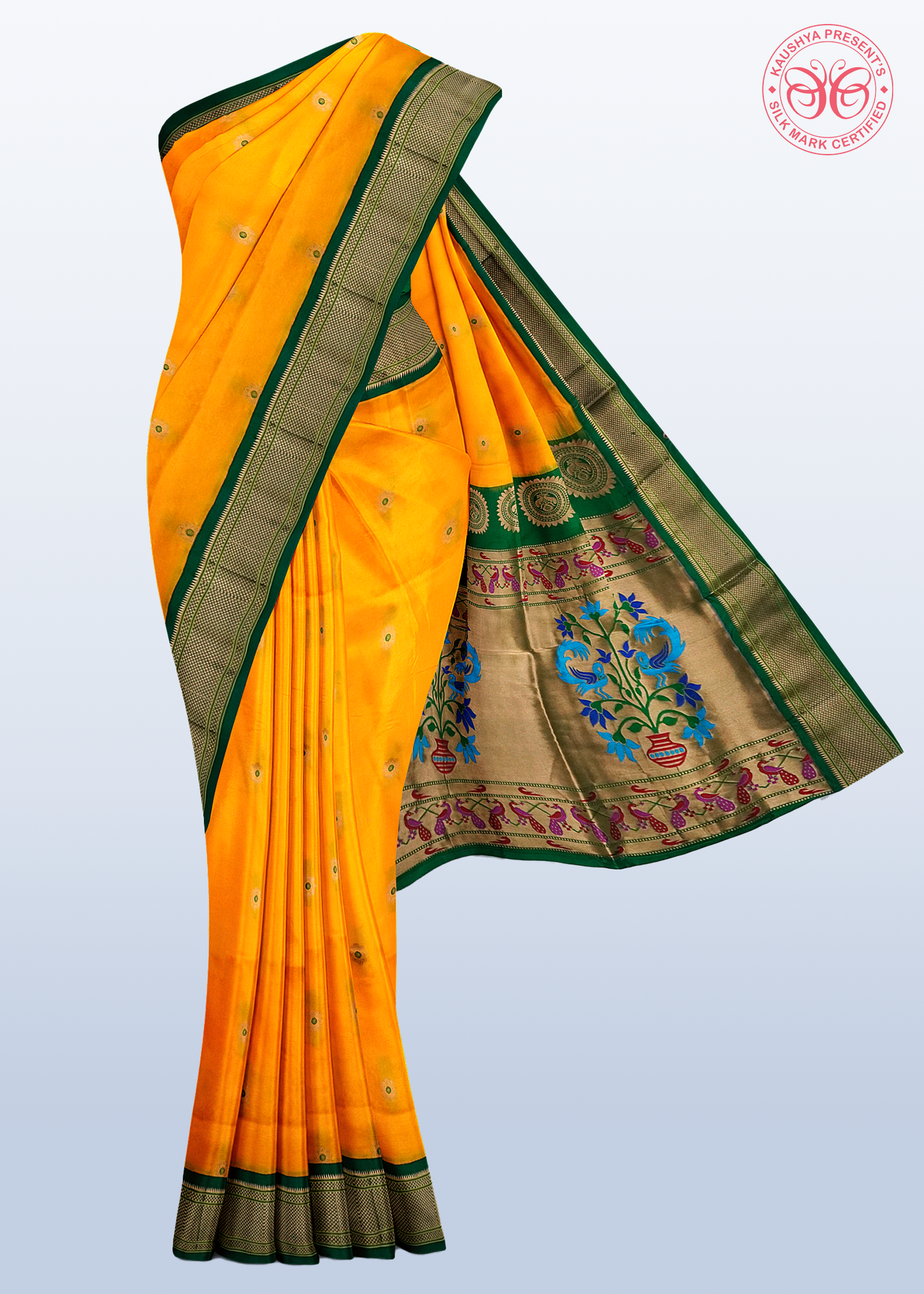 Yellow Pure Silk Gadwal Paithani Saree with Green Border