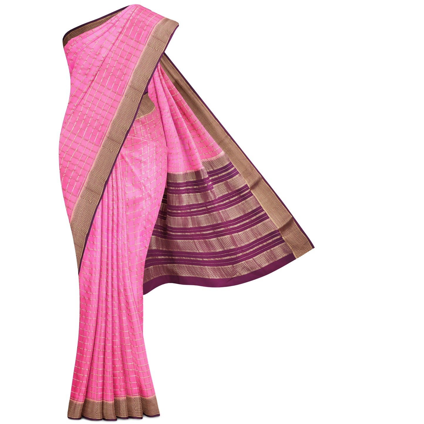 Pink Checks Pure Silk Mysore Crepe Saree