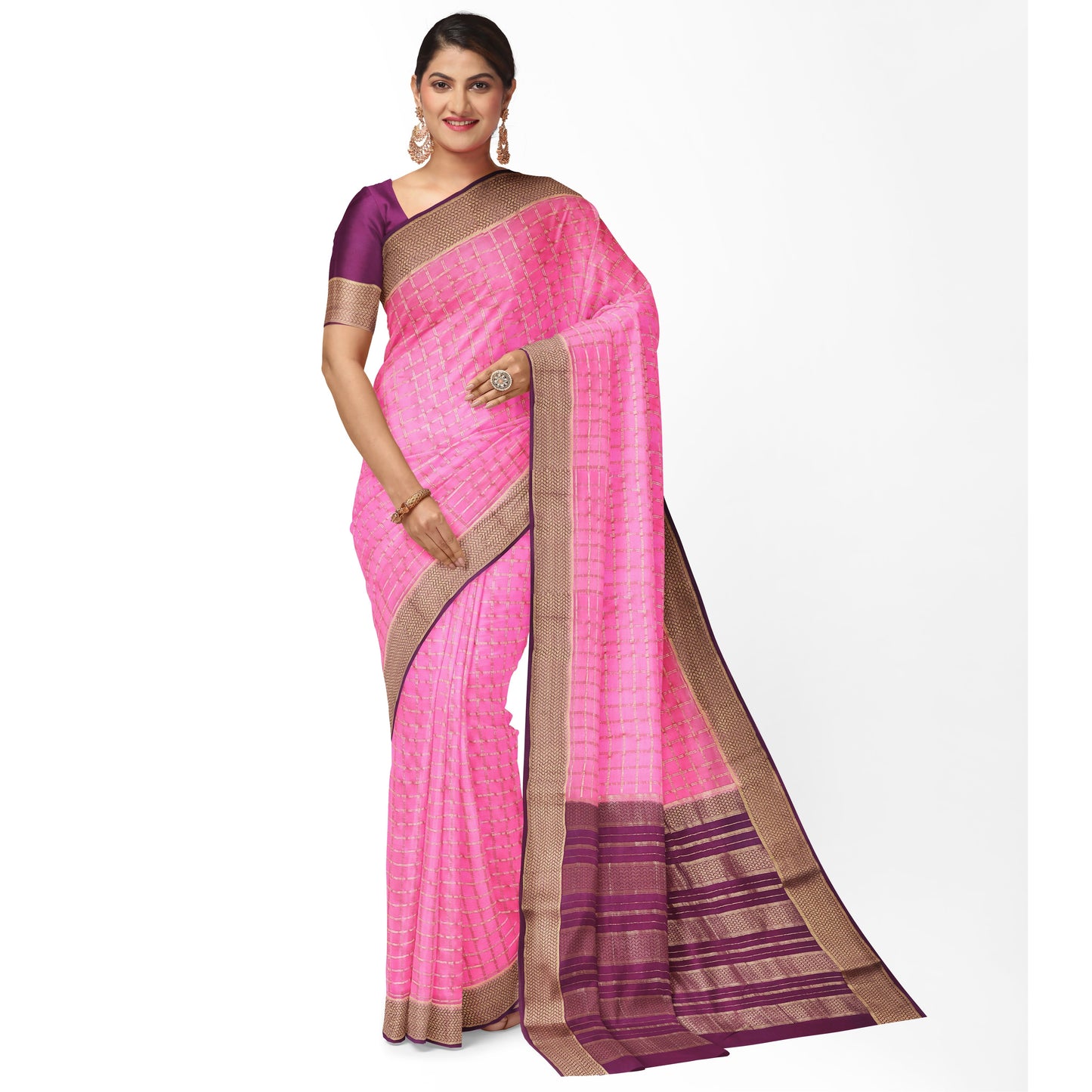 Pink Checks Pure Silk Mysore Crepe Saree