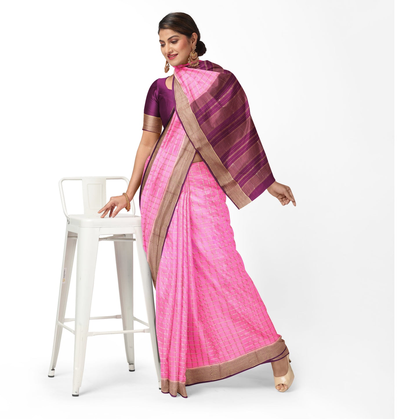 Pink Checks Pure Silk Mysore Crepe Saree