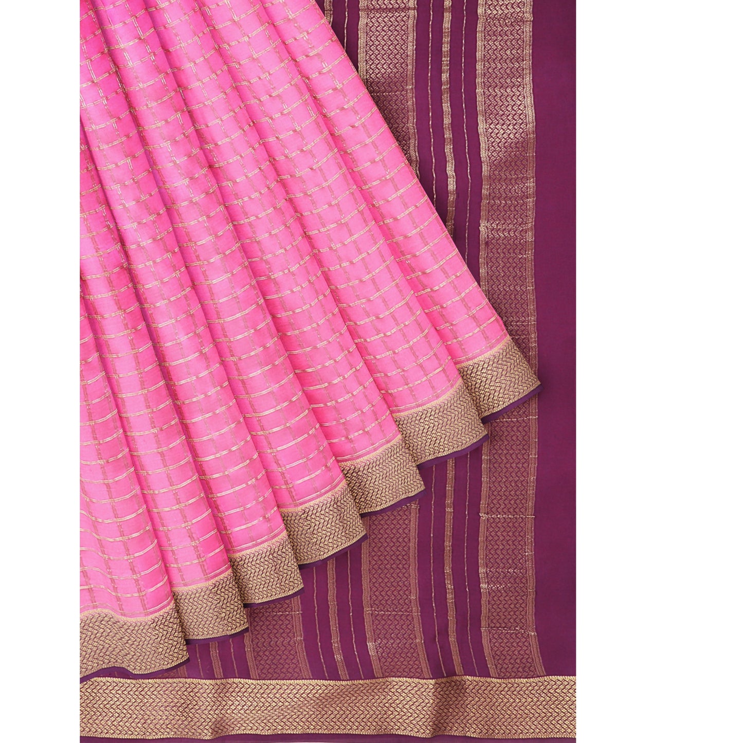 Pink Checks Pure Silk Mysore Crepe Saree