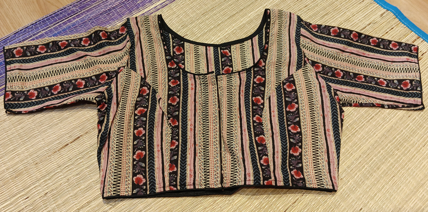 Black & Multi-Color Non-Padded Ajrakh Print with Sleeve Cotton Blouse