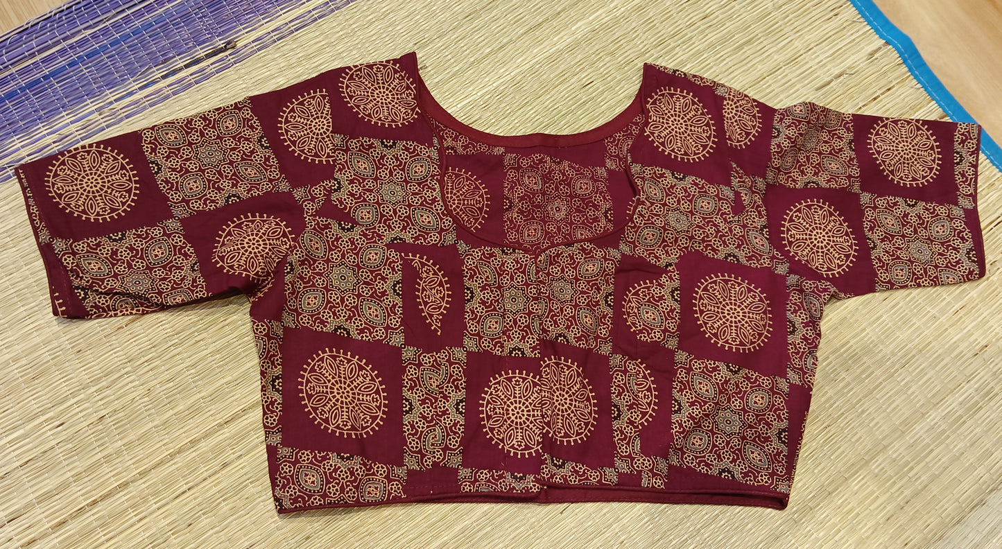 Maroon Non-Padded Ajrakh Print with Sleeve Madhurika Cotton Blouse