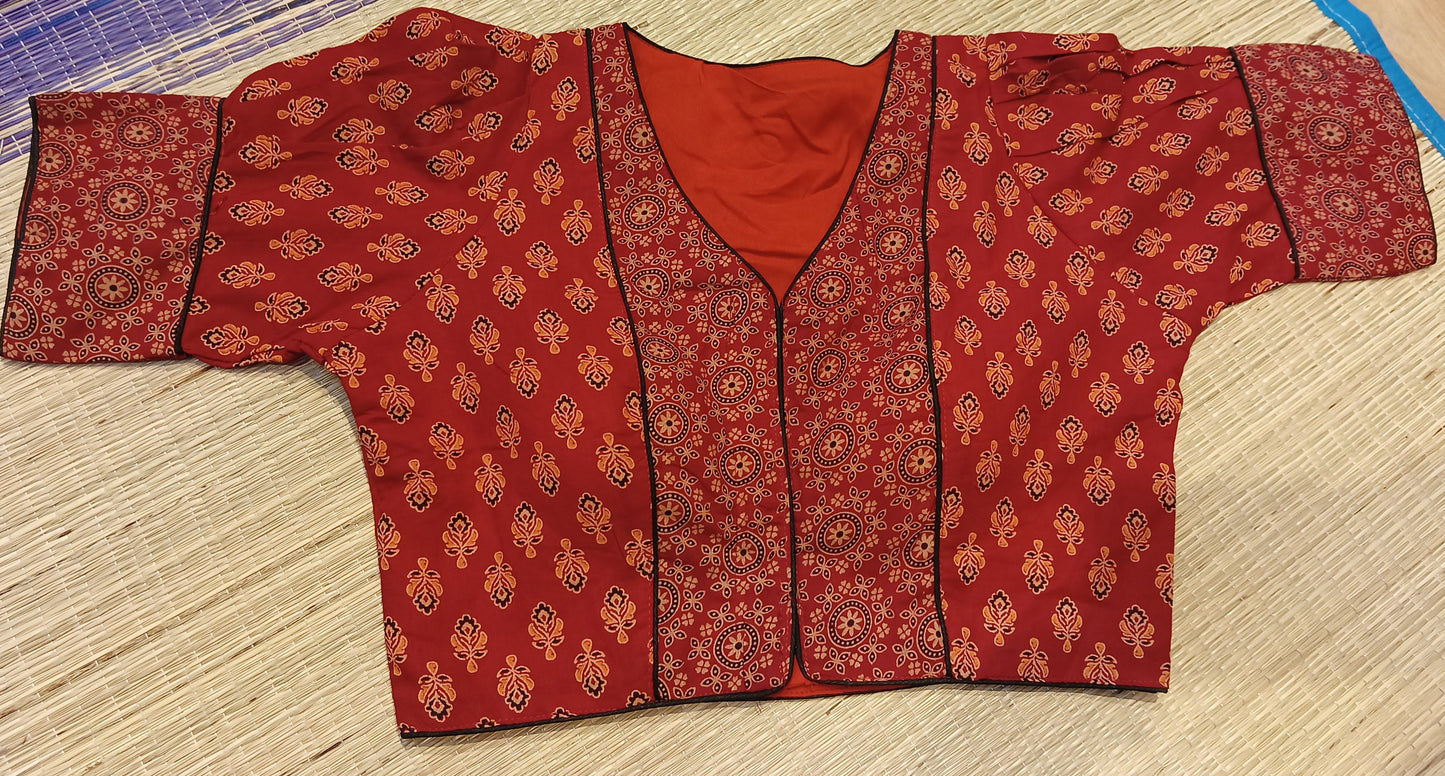 Red Padded Ajrakh Print with Sleeve Cotton Blouse(upto 42 inches)