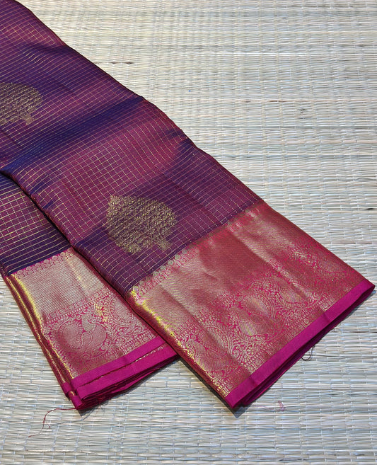 Deep Wine Dual Tone Kanchipuram Pure Silk Saree with Checks lines Butta