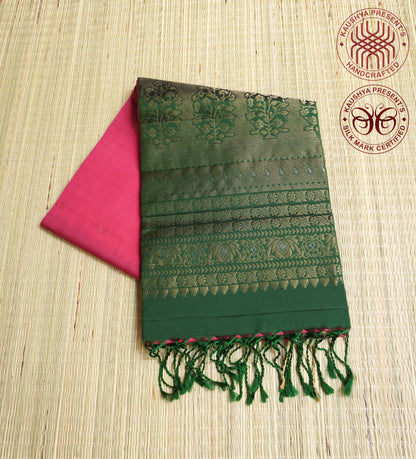 Pink & Bottle Green Handloom Kanchipuram Soft Silk Saree
