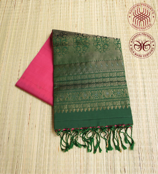 Pink & Bottle Green Handloom Kanchipuram Soft Silk Saree