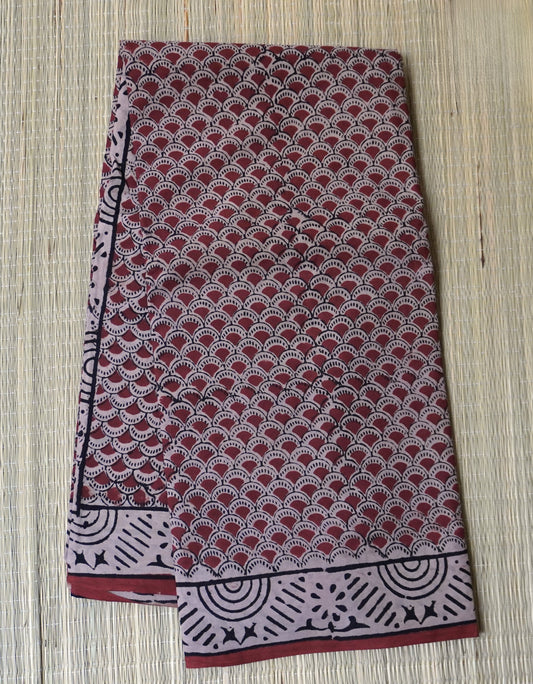 Maroon & Black Mulmul Cotton Saree with Scallop Block Print
