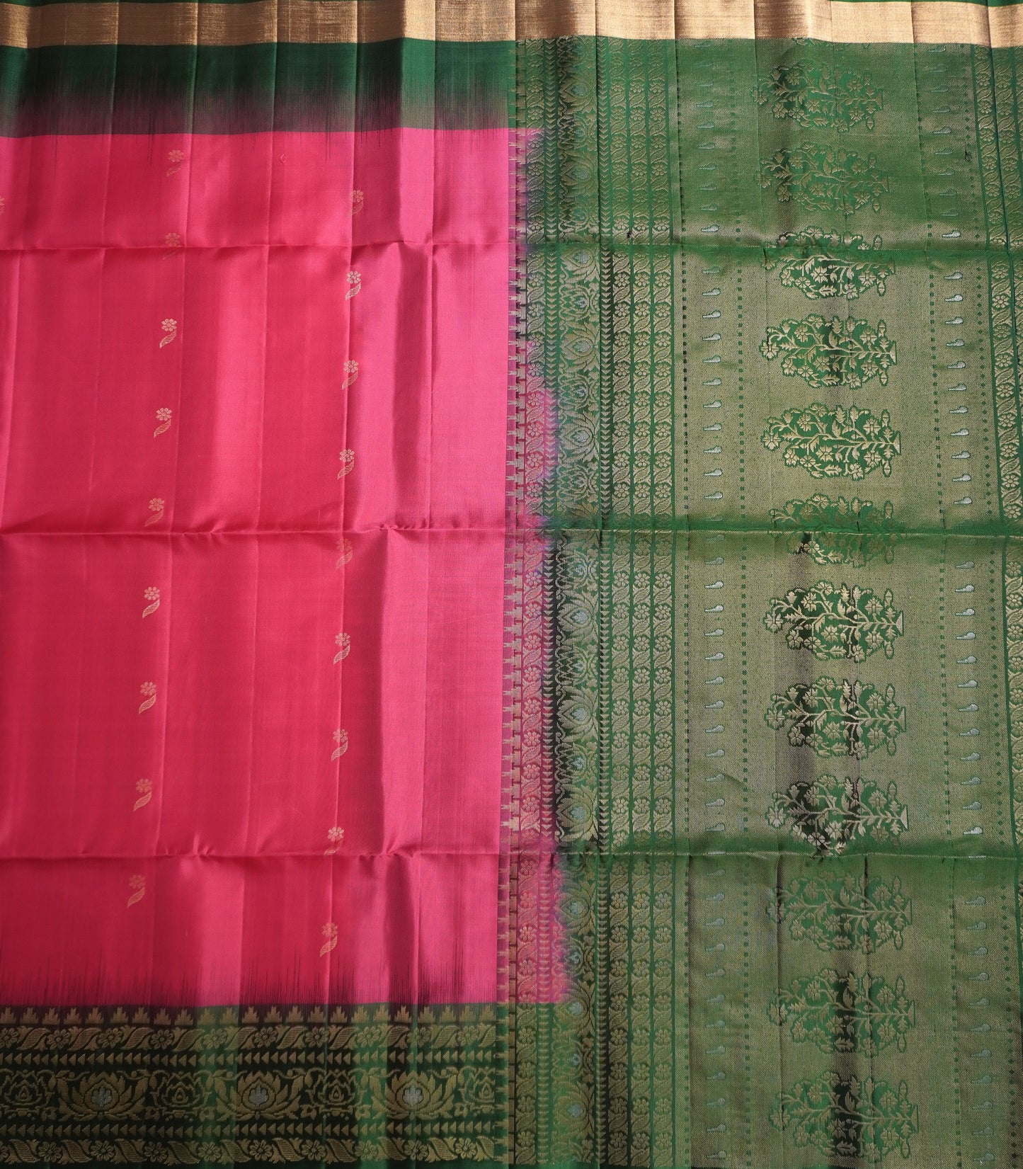 Pink & Bottle Green Handloom Kanchipuram Soft Silk Saree