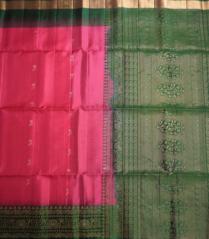 Pink & Bottle Green Handloom Kanchipuram Soft Silk Saree