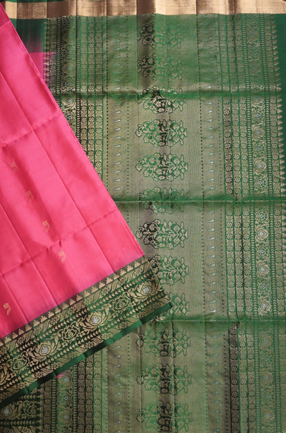 Pink & Bottle Green Handloom Kanchipuram Soft Silk Saree