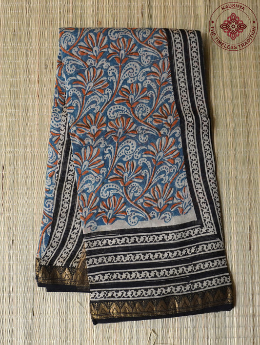 Blue & Black Maheshwari Silk Cotton Saree with Floral Block Print