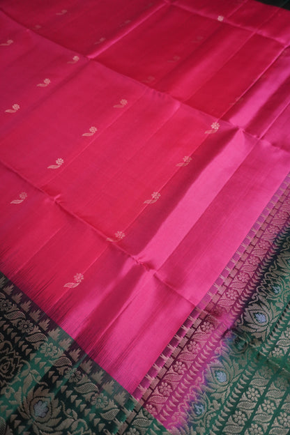 Pink & Bottle Green Handloom Kanchipuram Soft Silk Saree