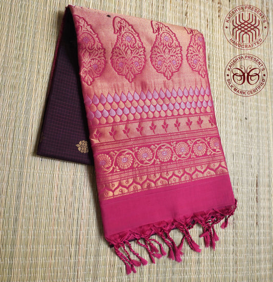 Wine & Rani Pink Handloom Kanchipuram Soft Silk Saree with Zari Checks