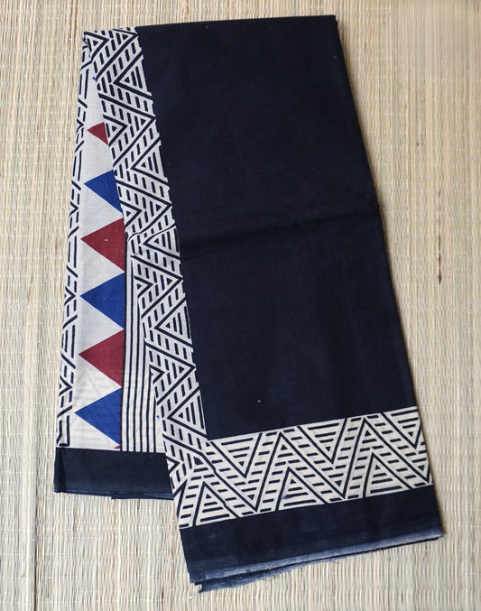 Black Mulmul Cotton Saree with Multi Color Tribal Triangle Print