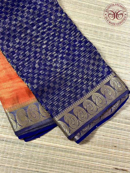Orange & Blue Half Tissue - Half Crushed Pure Silk Mysore Crepe Saree