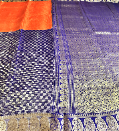 Orange & Blue Half Tissue - Half Crushed Pure Silk Mysore Crepe Saree
