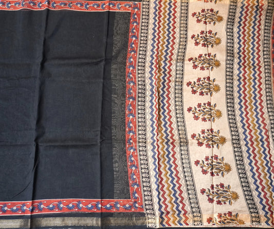 Black Maheshwari Silk Cotton Saree with Handblock Floral Print