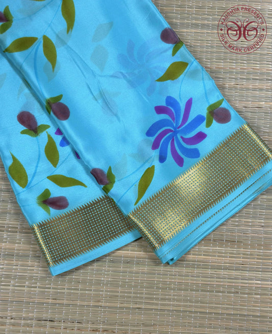 Sky Blue With Brush Painted Flower Motifs Pure Silk Mysore Crepe Saree