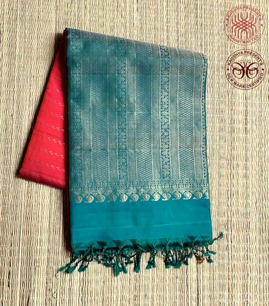 Pink & Orange Dual Tone Handloom Kanchipuram Soft Silk Saree