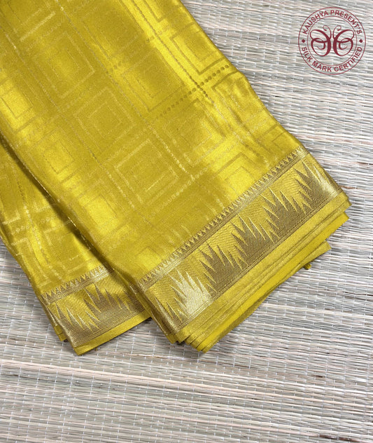 Yellowish Green Brocade Tissue Pure Silk Mysore Crepe Saree with Temple Border