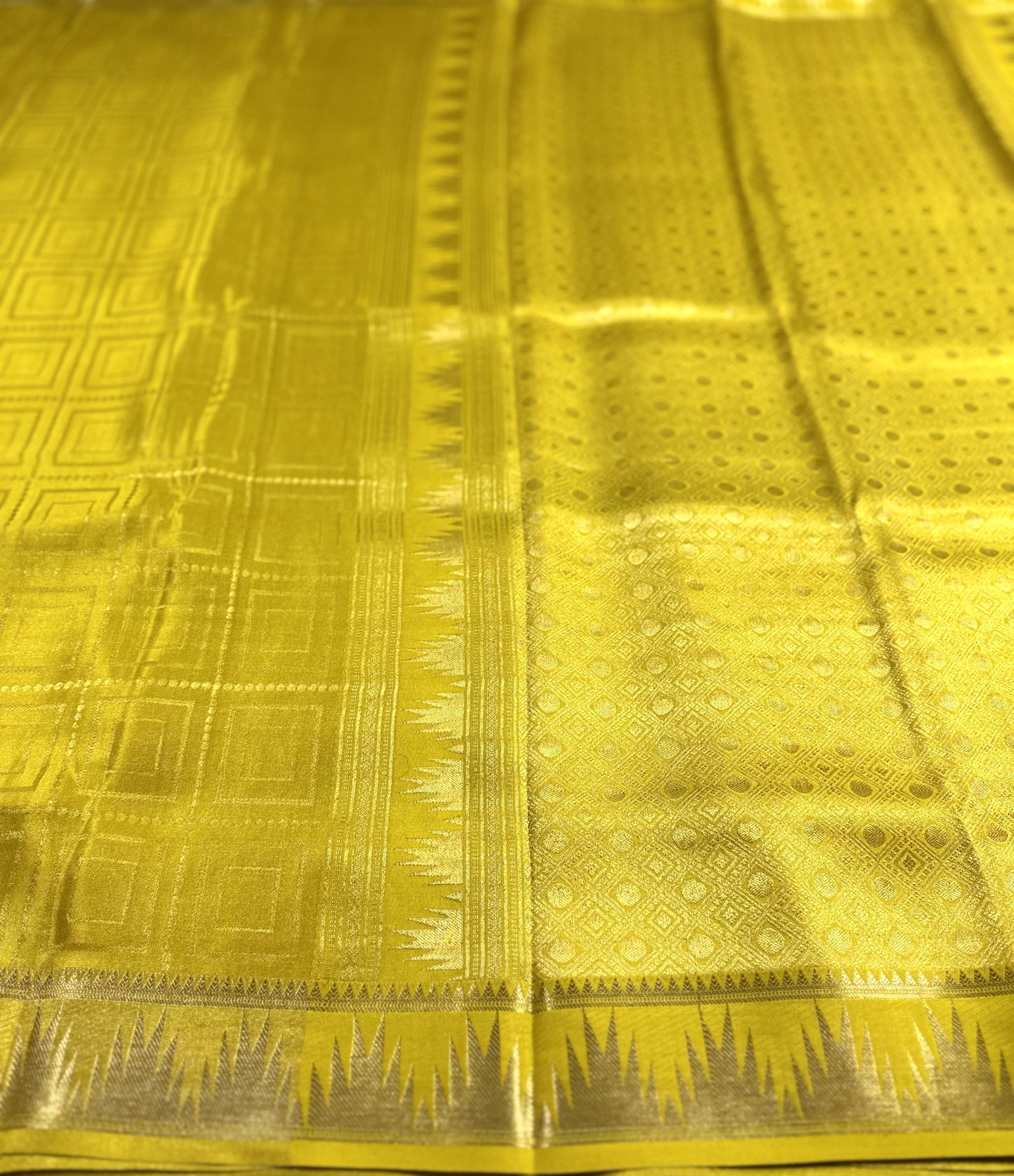 Yellowish Green Brocade Tissue Pure Silk Mysore Crepe Saree with Temple Border