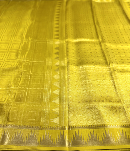 Yellowish Green Brocade Tissue Pure Silk Mysore Crepe Saree with Temple Border