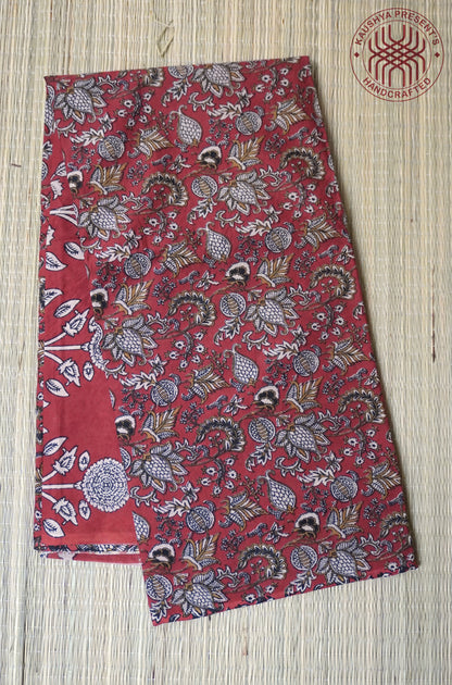 Rusty Red Mulmul Cotton Saree with Bold Ethnic Floral Print