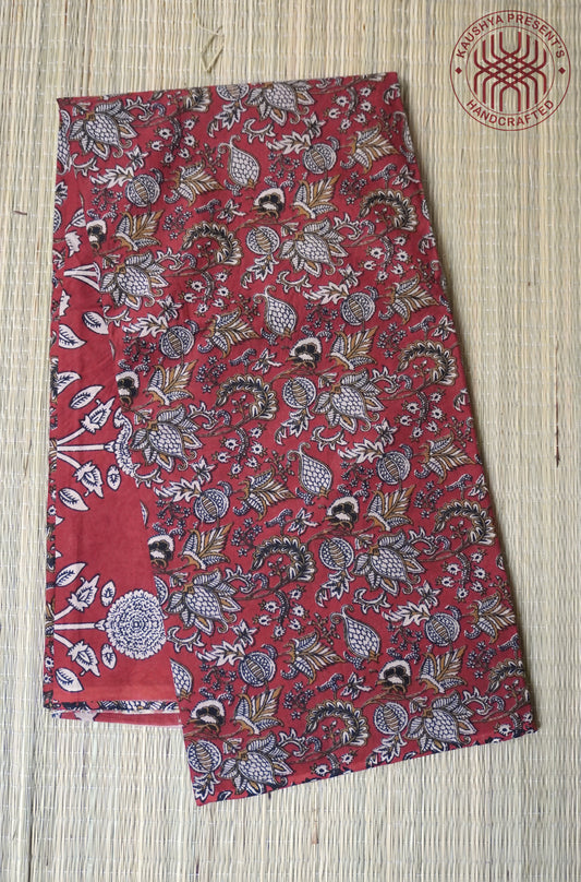 Rusty Red Mulmul Cotton Saree with Bold Ethnic Floral Print