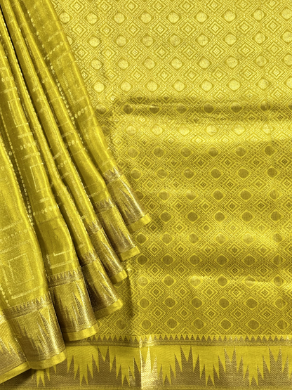 Yellowish Green Brocade Tissue Pure Silk Mysore Crepe Saree with Temple Border