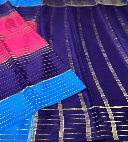 Rani Pink 3D Lines Pure Silk Mysore Crepe Saree
