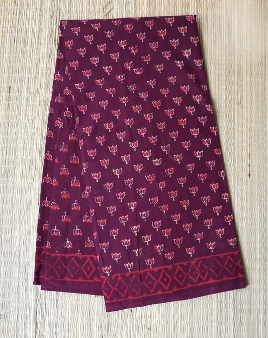 Deep Wine Mulmul Cotton Saree with Hand Blocked Lotus Prints