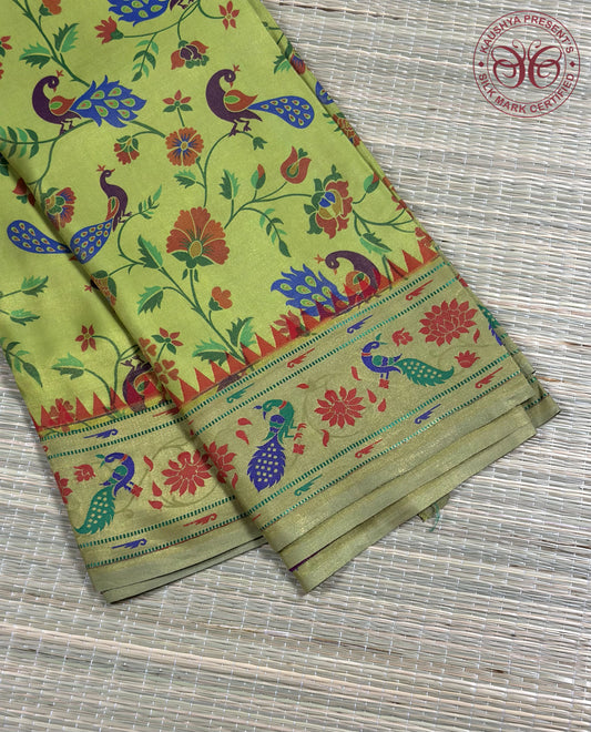 Yellowish Green With Multi-Colored Floral Prints Pure Silk Mysore Crepe Saree