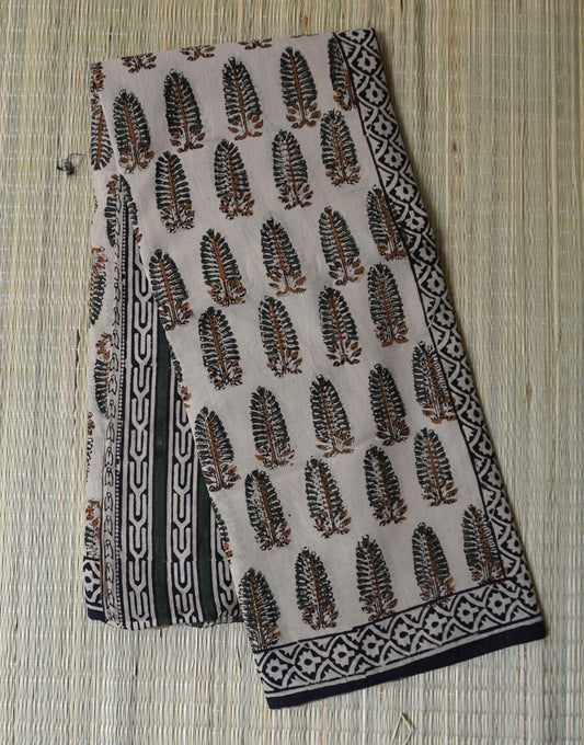 Beige Mulmul Cotton Saree with Hand Block Printed Trees