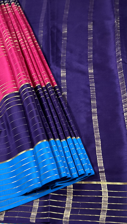 Rani Pink 3D Lines Pure Silk Mysore Crepe Saree