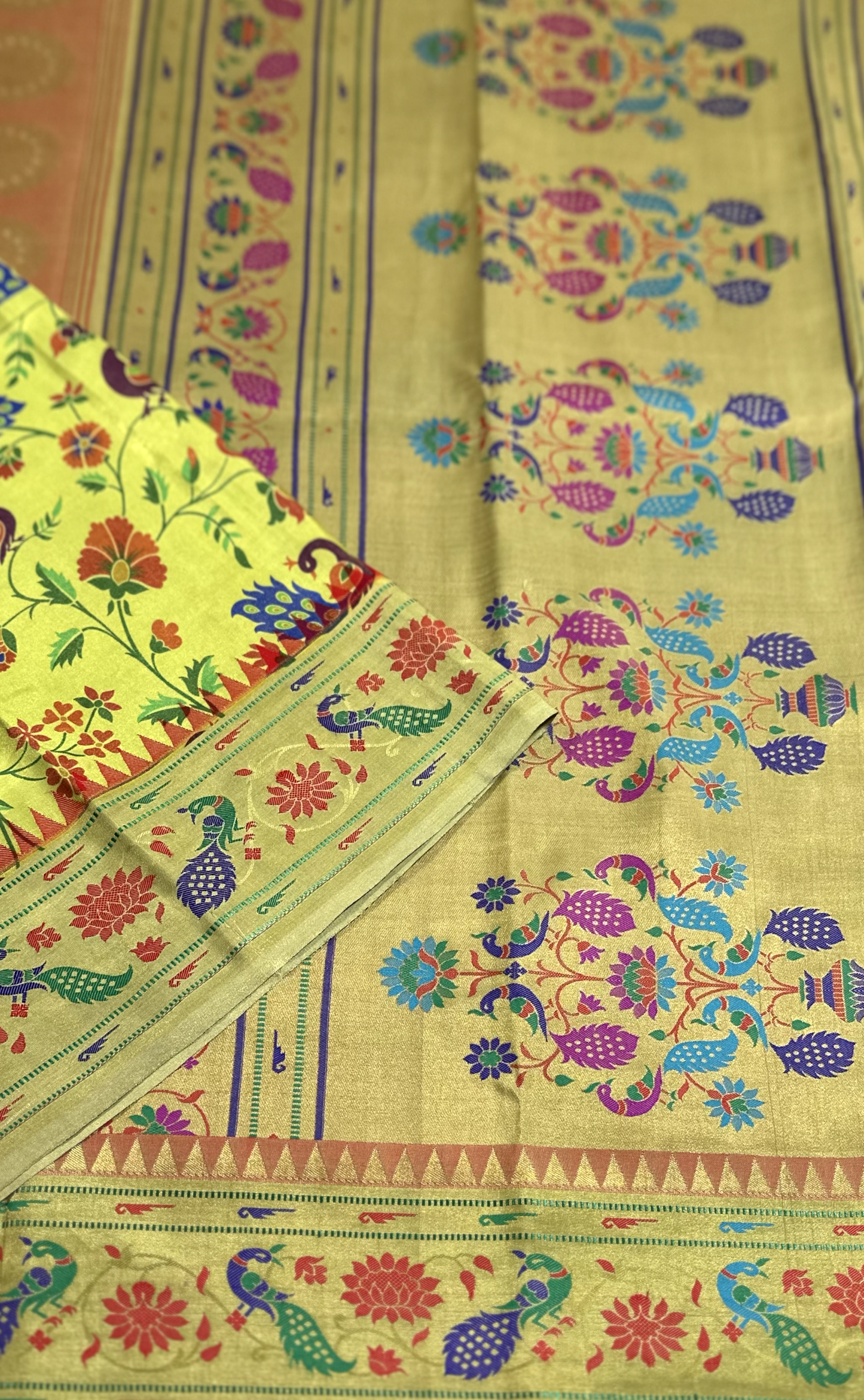 Yellowish Green With Multi-Colored Floral Prints Pure Silk Mysore Crepe Saree