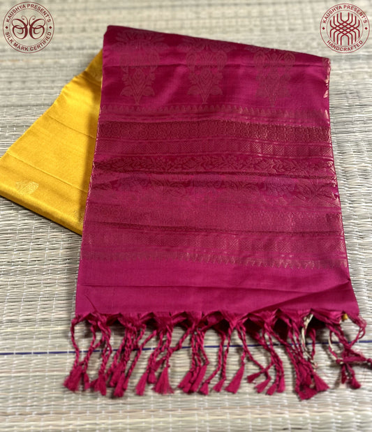 Yellow & Rani Pink Handloom Kanchipuram Soft Silk Saree