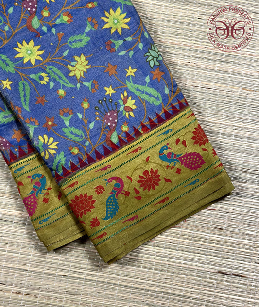 Grey With Multi-Colored Floral Prints Pure Silk Mysore Crepe Saree