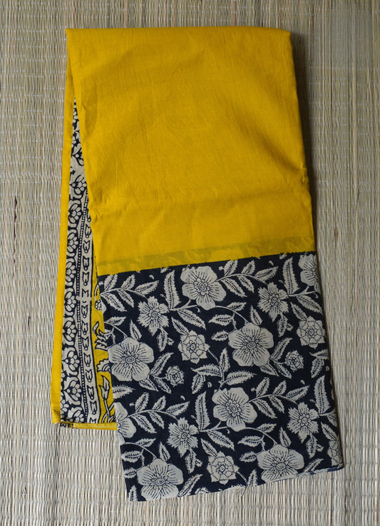 Yellow & Black Mulmul Cotton Saree with Hand Block Florals